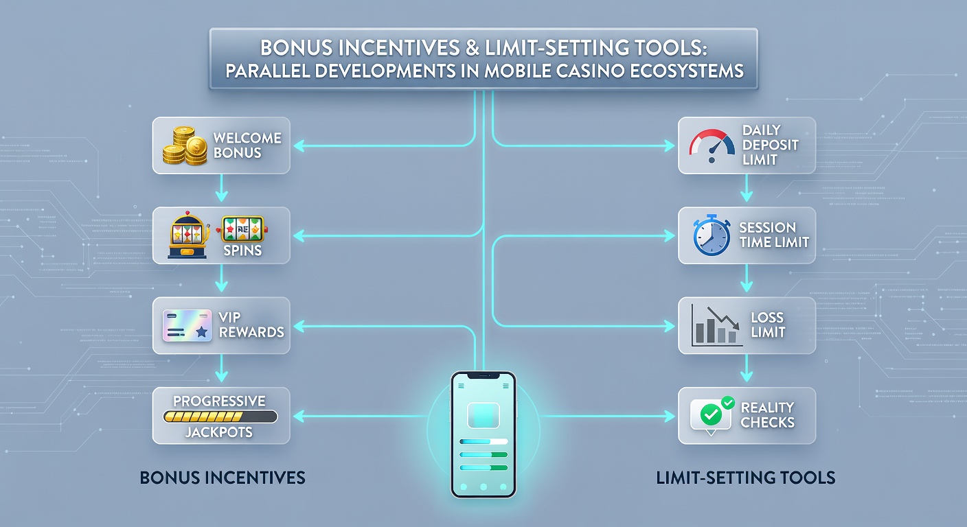 Smartphone screen showing integrated limit-setting dashboard next to active bonus promotions in a casino app