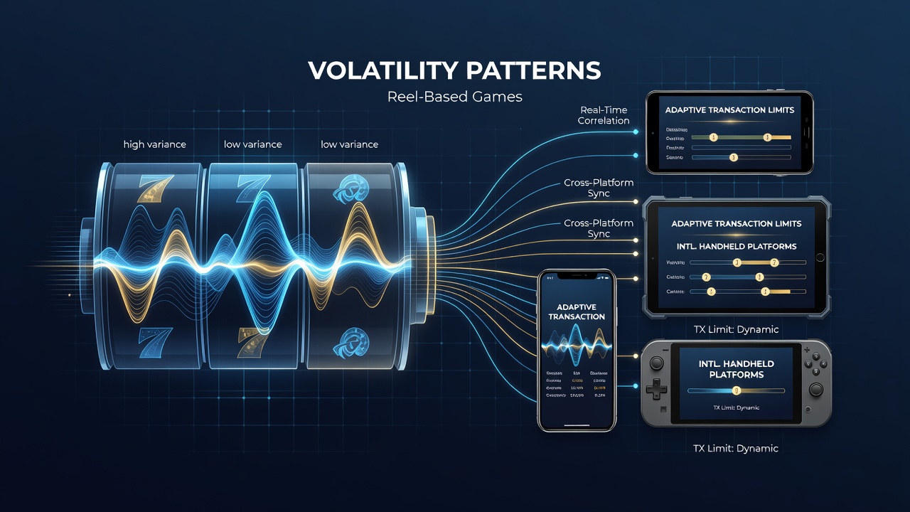 Handheld gaming device displaying reel-based game interface with volatility indicators and transaction controls
