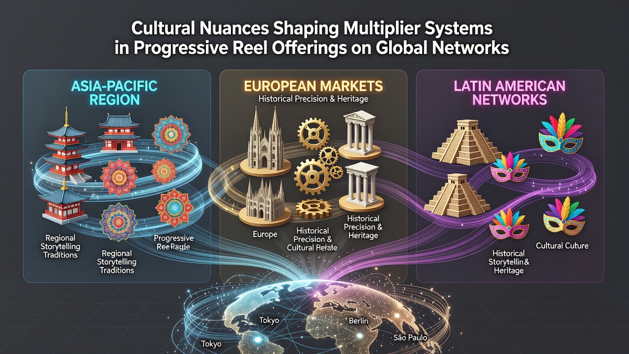 Global network visualization showing interconnected progressive slot systems across different cultural regions with multiplier indicators