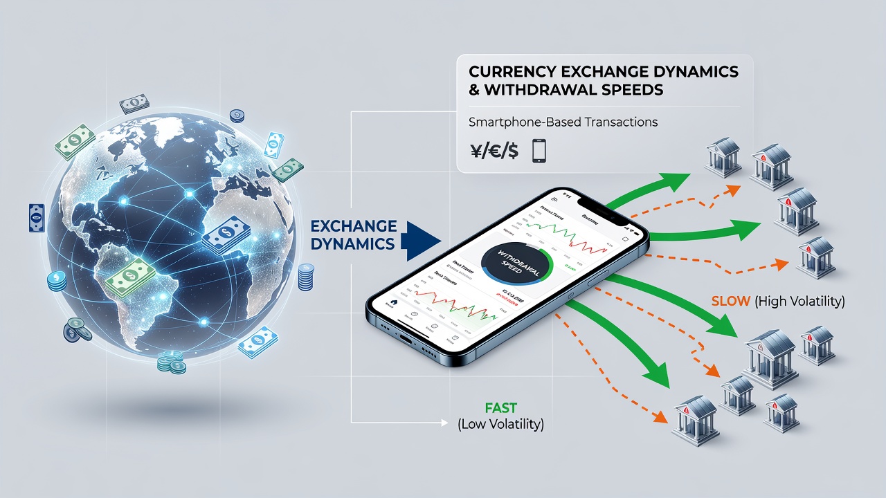Global map overlay showing currency exchange flows and mobile gaming withdrawal pathways between continents