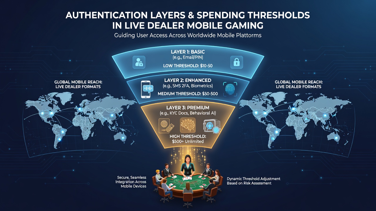 Authentication flow diagram overlaid on a live dealer blackjack table viewed through a mobile device