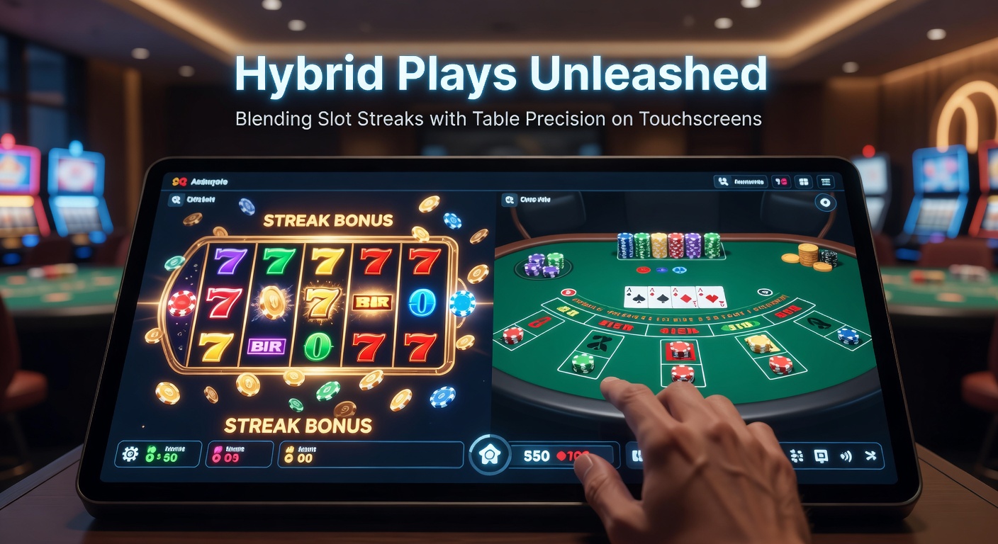 A vibrant touchscreen displaying a hybrid casino game interface where slot reels spin alongside a blackjack table layout, fingers tapping precisely on cards and symbols