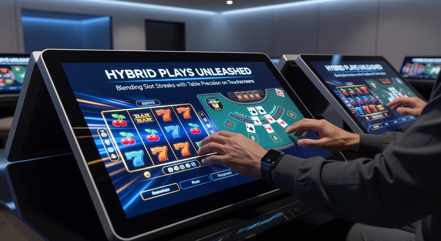 Close-up of a mobile device screen in a dimly lit setting, showing hybrid gameplay with glowing slot symbols cascading next to a roulette wheel and betting grid under finger control