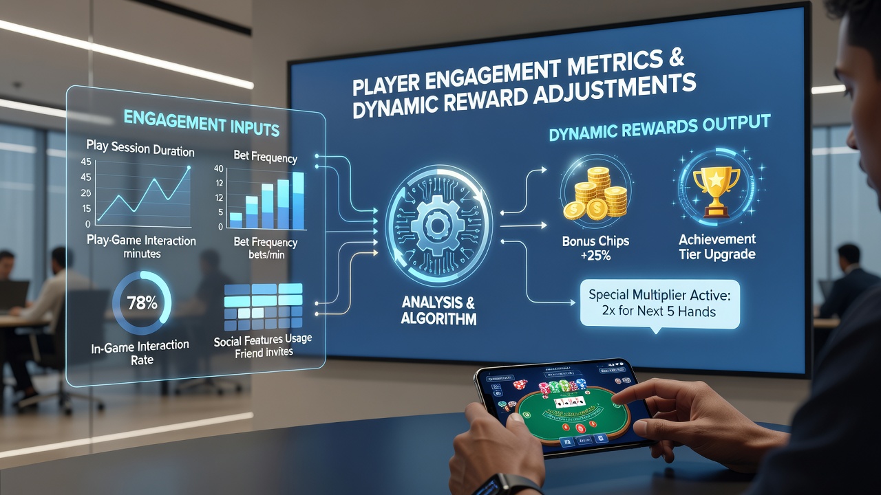 Analytics dashboard showing player engagement graphs linked to reward adjustment controls in a mobile gaming setup
