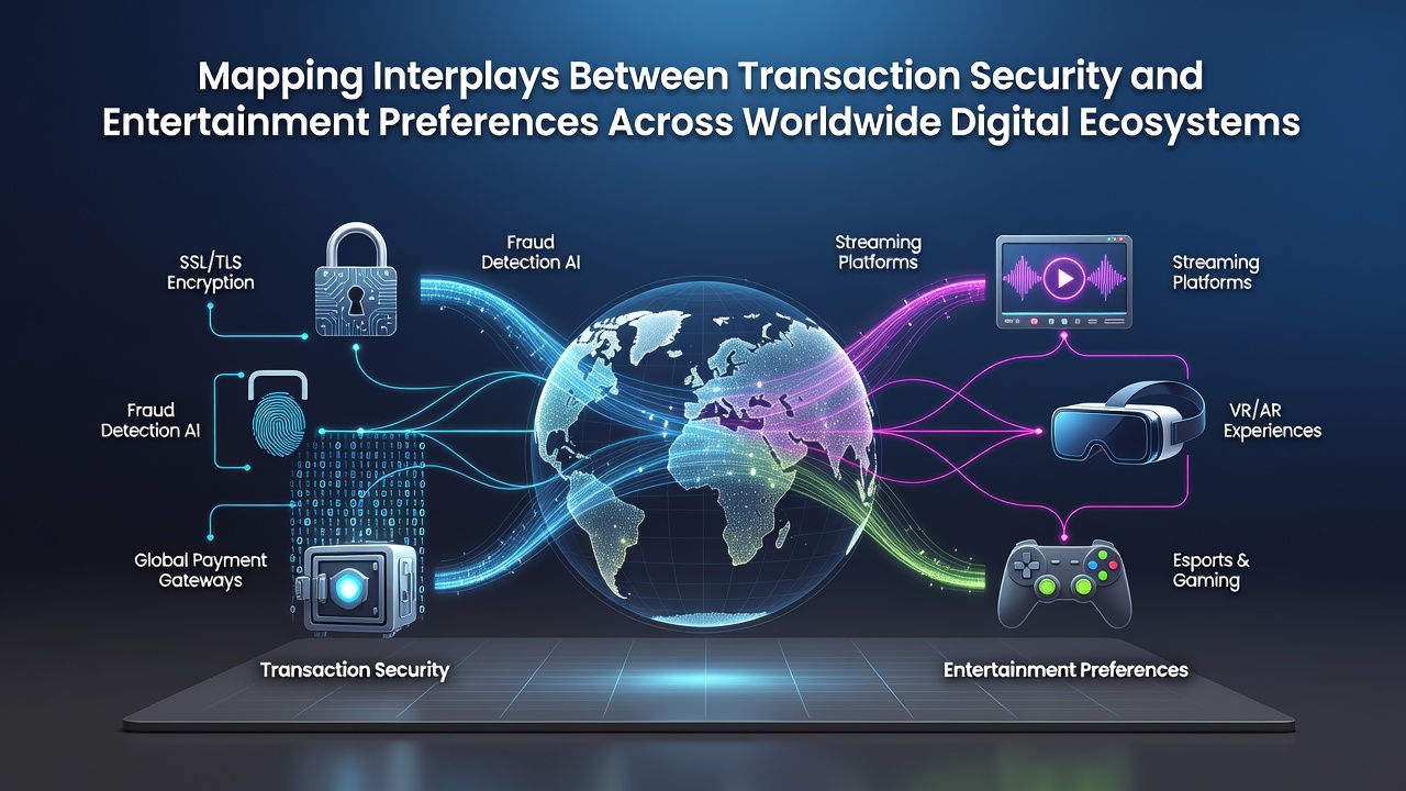 World map highlighting transaction security levels alongside popular entertainment content categories on digital platforms